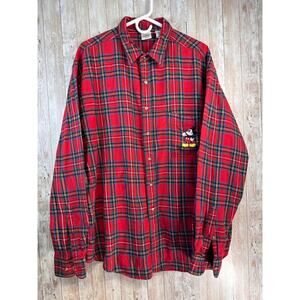 VTG 90s Disney Mickey Mouse Flannel Shirt Men XL Red Plaid Embroidered Button Up